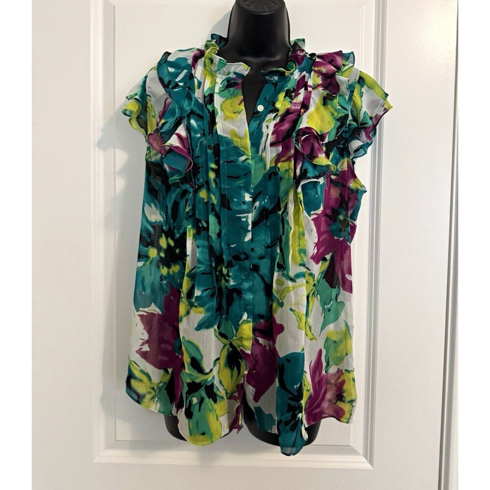 AK Anne Klein Multicolor Floral Ruffle Collared Button Front Blouse Women’s L